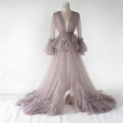 Modest Mauve Long Tulle Robe For Pregnant Women Ruffles Full Sleeves Prom Gowns Kimono Maternity Cloak Party Dresses