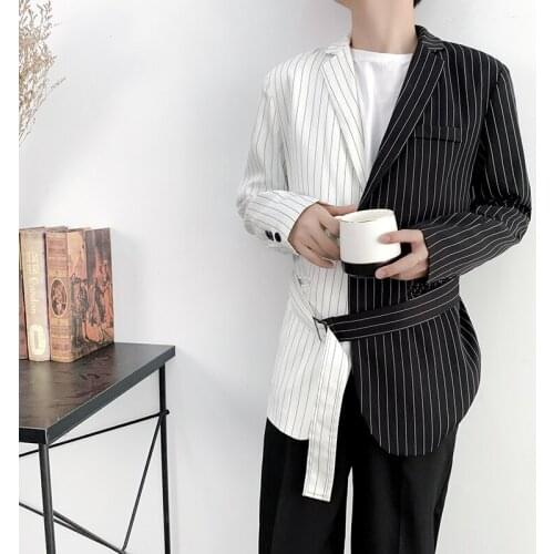 Men Half Black Half White Notch Lapel Striped Blazers Jacket Blazer Coat One Button
