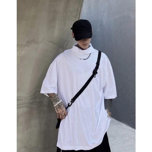 White short sleeve t-shirt mens summer relaxed casual basic color high collar cotton versatile solid bottom half sleeve T-shirt