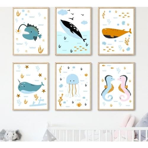 Cartoon Whale Seahorse Shell Sea Animals Wall Art Canvas Painting Nordic Posters And Prints Wall Pictures Baby Kids Room Decor