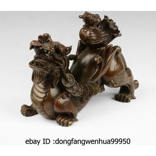 Chinese Brass Copper Fengshui Auspicious Brave troops Golden Toad Cabbage Statue