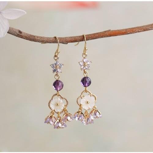 Classical Amethyst Pearl Earrings Cheongsam Antiquity Chinese Style Purple zircon Earrings Handwork Accessories Cosplay