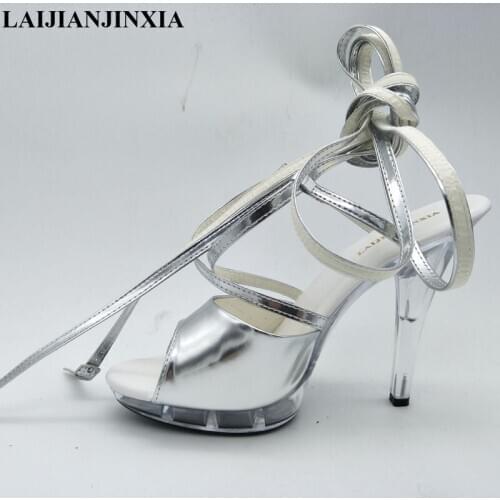 LAIJIANJINXIA Summer Peep toe Sandals shallow mouth 13cm 5 Inches Super High High-Heeled Pumps Ankle strap shoes Plus SIZE:46