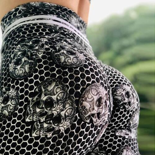 Honeycomb skull printed leggings breathable Slim running fitness pants women fashion high waist sweat sexy hip leggings