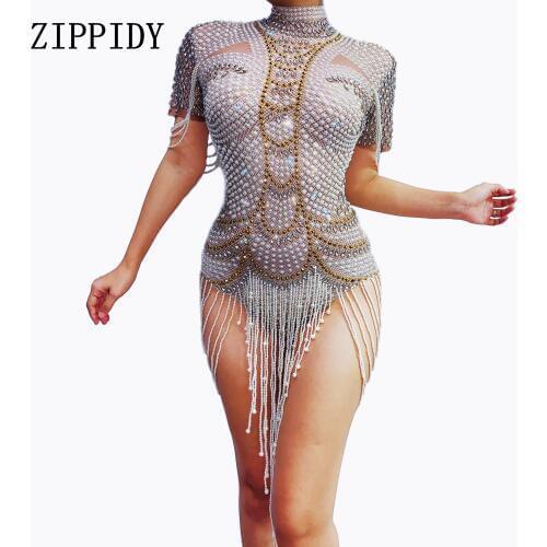 Fashion Rhinestones Pearls Bodysuit Sexy Stretch Dance Leotard Costume Performance Party Celebrate Stage Show Stones Wear