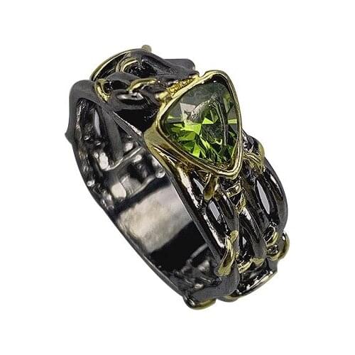 Fashion Mens Ring Retro Two-tone Triangle Olive Green Inlaid Topaz Ring Temperament Boy Jewelry Factory Direct Sales