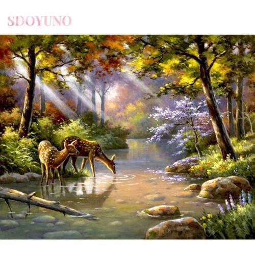SDOYUNO DIY painting by number kit for adult frame forest deer acrylic paint set oil HandPainted Home Decor Gift Canvas Drawing