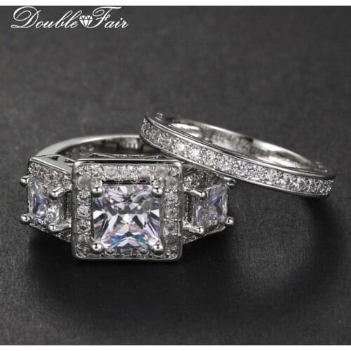 Double Fair White Gold Color Brand Ring Sets For Women or Men High Quality Anniversary Gift New Jewelry Rings DFYG028