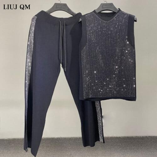 2021 Summer New Korean Fashion Heavy Industry Hot Drilling Vest Knitted Top+Casual Wide Leg Pants Two Piece Set Tracksuit Women