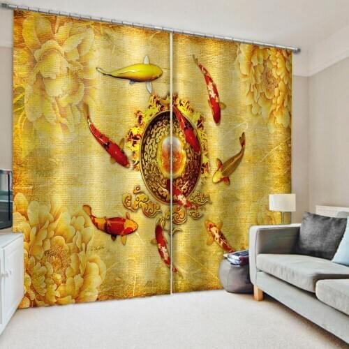 Custom Bedroom living room windproof thickening blackout fabric gold peony fish curtains 3d murals wallpaper for living room