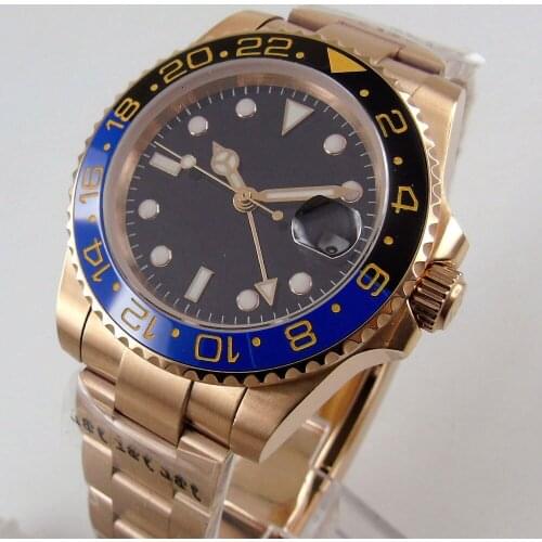 Luxury Automatic Men Watch Rose Gold Coated Wristwatch Sapphire Glass GMT Date Function