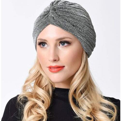 Fashion Women Bling Silver Gold Cap Shiny Knot Twist Turban Hat Beanies Muslim Indian Headwrap Casual Streetwear Wholesale