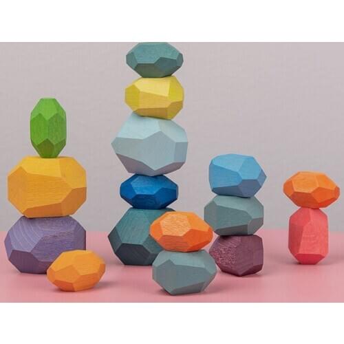 Tumi Ishi Wood Balancing Stacked Stones RAINBOW set Coloured Gems Wooden Rocks Wooden Stones Baby Building Block Montessori Toys