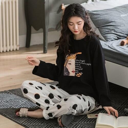 100% Cotton Long Sleeve Pajama Sets for Women Autumn Korean Comic Print Sleepwear Suit Pyjama Homewear Pijama Mujer Home Clothes