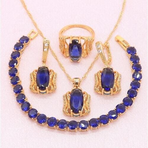 Blue Stones Gold Color Jewelry Sets For Women Geometric Earrings Bracelet Pendant Necklace Ring Wedding Jewelry