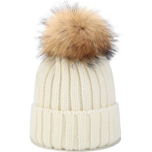 Winter hat for children super raccoon fur ball solid color baby knitted hat childrens outdoor warm ball wool hat skis cap