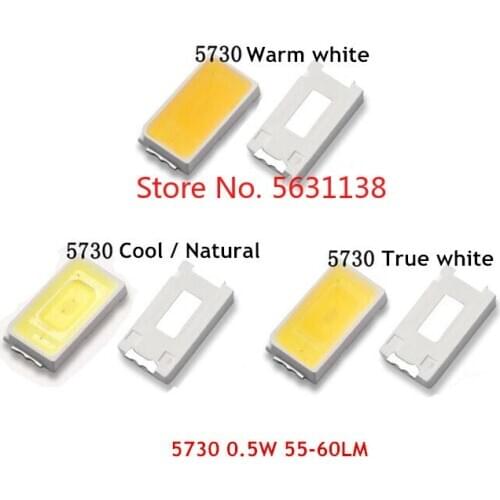 100PCS 5730 WHITE LED 0.5W 55-60 150mA BRIGHT TRUE WHITE 6000-7000K/ NATURAL 4000-5000K/ WARM 2800-3200K/ COOL 9000-13000K Light