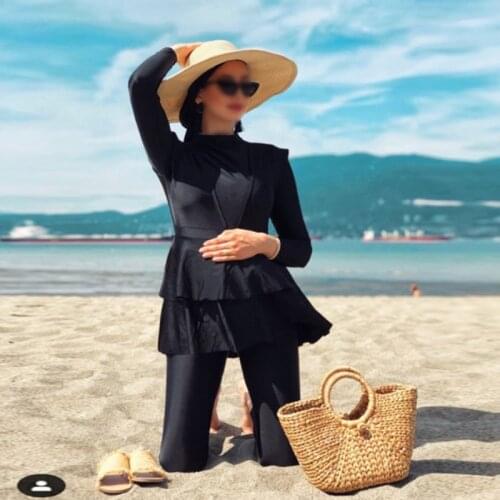 2021 NEW Whole Black Ruffle Burkini With Bra 3 Pieces Plus Size Muslim Swimwear Padding Swimsuits Women Maillot De Bain Femme