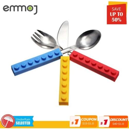 3pcs Stainless Dinnerware Children Western Cutlery Set Knife Fork Spoon Steel Dinner Tableware Silicone Building Blocks Handle