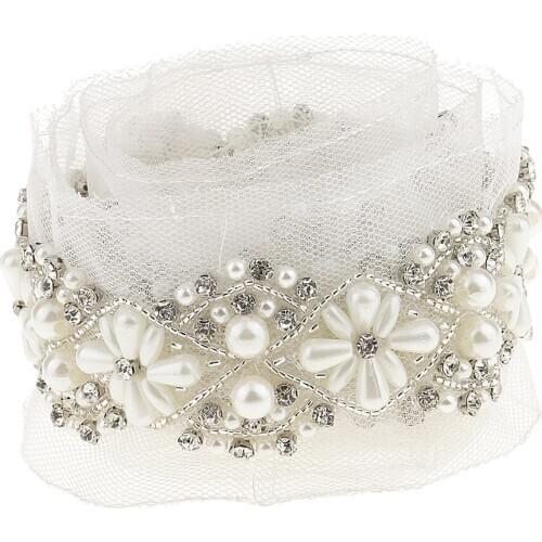 90cm Handmade Beaded Sewing Lace Trims Mesh Ribbon Dress Decor Craft White