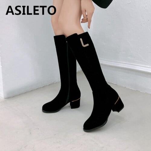 ASILETO High boots women Winter Knee Boots Zip Women Black Fashion Suede PU Comfort Thigh High Boots Female Long Boots S2397