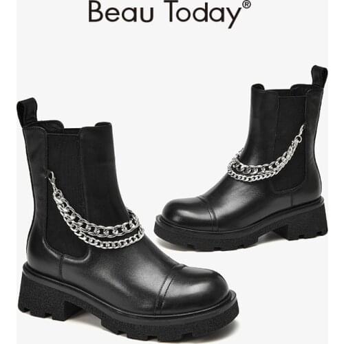 BeauToday Chelsea Boots Platform Women Cow Leather Elastic Band Removable Silver Chain Decor Lady Ankle Shoes Handmade 03554