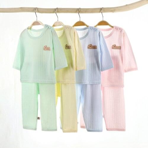 Childrens Ribbed Pajamas Set Summer Baby Boys Girls Clothes Casual Tops + Pants Homewear Kids Sleepwear Outfits