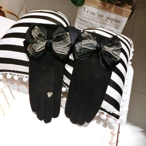 Double-Layer Bowknot Cashmere Gloves Korean Winter Warmth Finger Gloves Cycling Plus Velvet Thick Touch Screen Gloves Women