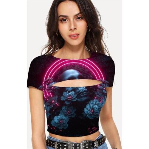 Somepet Skull T shirt Women Flower Shirt Print Hip Hop Hollow Out T shirts Womens Clothing Summer Short Style O-Neck