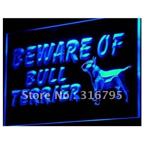 I836 Beware of Bull Terrier Dog Decor NEW Light Signs On/Off Switch 20+ Colors 5 Sizes