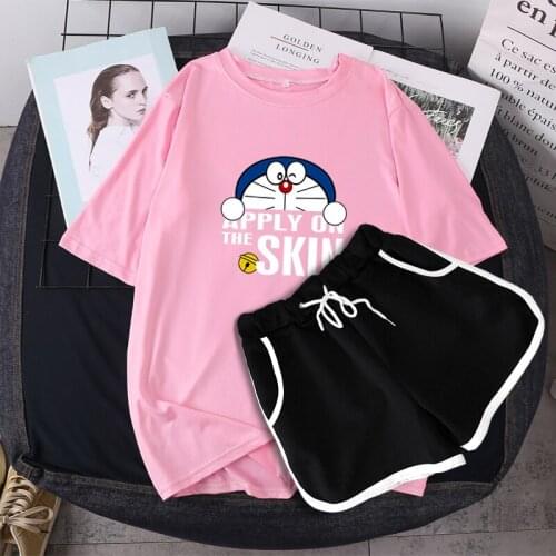 Tonngirls Womens Homewear Sets Doraemon Summer Sleepwear Cartoon Print Night Wear Two Piece Set Kawaii Home Suit 2 Piece Set