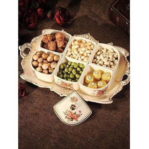 European-style dried fruit box candy melon seeds snack plate dried fruit plate ceramics latticed and covered creative liv
