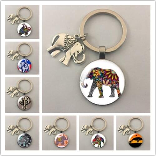 Elephant loves animals Thailand elephant round glass cabochon keychain car keychain charm gift keychain