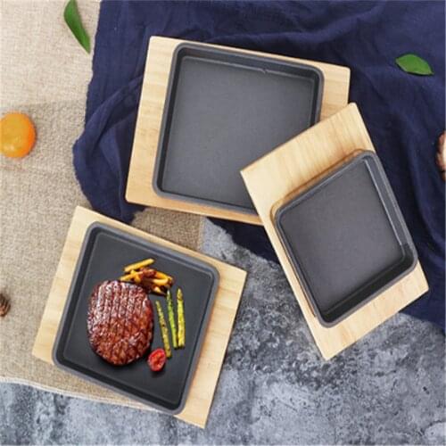 Square Cast Iron Roasting Steak Pan Non Stick Roast Enamel Fried Pot Plate Frying Pan Wooden Base Holder Cookware dinner plates
