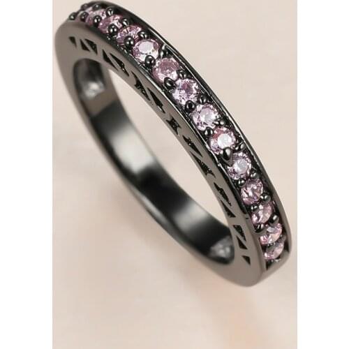Simple Female Pink Crystal Stone Ring Luxury 14KT Black Gold Wedding Rings For Women Cute Round Zircon Thin Engagement Ring