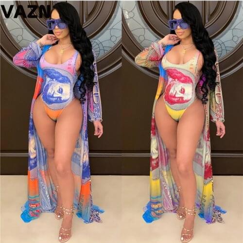 VAZN 2021 Summer Beach Boho Colorful Print O-neck Bandage Fashion Elegant Sexy High Street Set Sport Women Young Energetic Set
