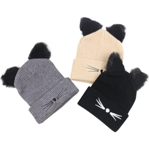 Lovely Cat Ears Women Hat Hat Knitted Warm Winter Beanie Caps Crochet Fur Lady Girls Female Cute Casual Beanies