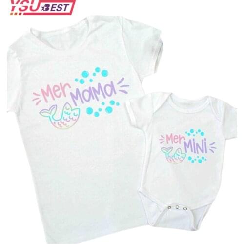 Fashion Mama and Mini Mermaid Print Family Matching T-shirt Short Sleeve Family Look T-shirts Mother and Daughter Clothes Cotton