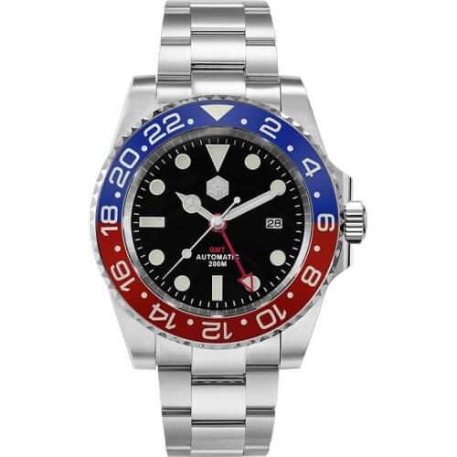 San Martin Men GMT Watch Mens Automatic Watches Luxury Wristwatch Diver 20Bar Waterproof 120 Clicks BGW-9 Luminous Ceramic Bezel