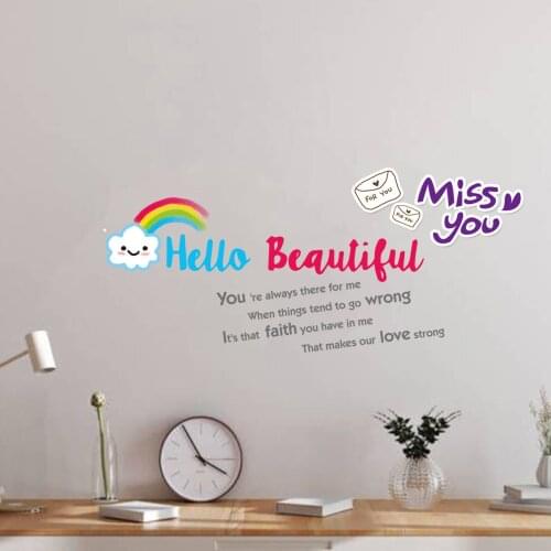 Cartoon English Wall Sticker Smiling Face Hello Beautiful Wall Decals Kids Room Bedroom Living Room Decorative Wallpaper Mural