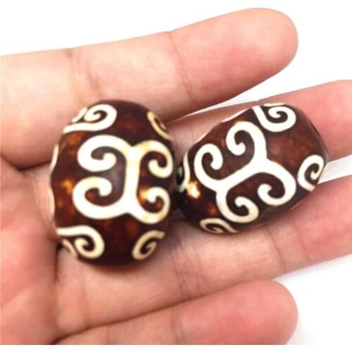 A Pair Old Magic Natural Stone 22*23mm Xiangyun Lucky Cloud Tibetan Dzi Beads Powerful Totems