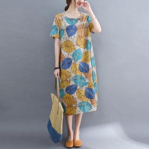 Thin Soft Cotton Linen Print Leaf Loose Summer Dress 2021 New Arrival Fashion Women Casual Dress Office Lady OL Work Dress