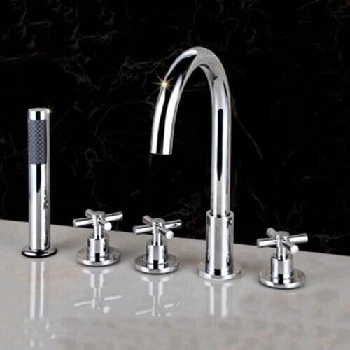 Polished Chrome Bathroom Tub Faucet 5 pcs Sink Mixer Tap W/ Hand Shower Sprayer