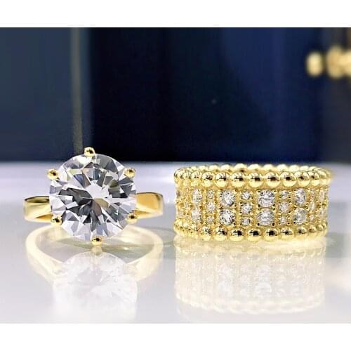 Luxury 925 Sterling Silver Round Created Moissanite Wedding Engagement Yellow Gold Golour Ring Sets For Women Fine Jewelry Gift