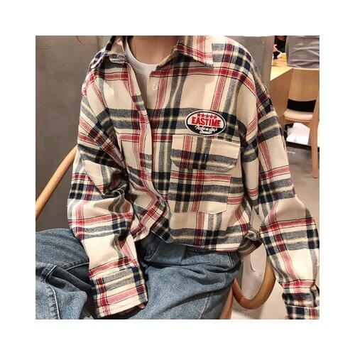 Women Summer Shirts Kawaii Lovely Retro Loose Casual Bf Plaid Retro Shirt Female Sweet Punk Tunic For Girl Womens Cute Top