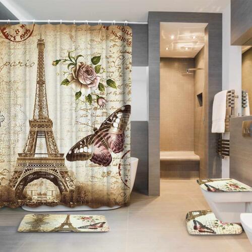 Eiffel Paris Landscape Print Bathroom Shower Curtain Set Waterproof Anti Slip Pedestal Rug Lid Toilet Cover Bath Mat Set
