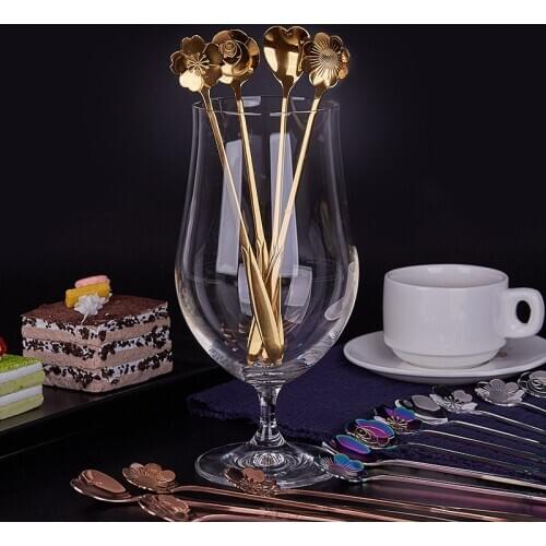 Tableware Coffee Stirring Spoon Long Handle Flower Scoop Stainless Steel Gold Plated Cherry Rose Spoons Sets Kitchen Tools