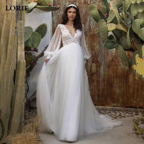 LORIE A Line Ivory Boho Wedding Dress 2021 Puff Sleeve Lace Bridal Dresses Sparky Beach V Neck Wedding Party Gowns