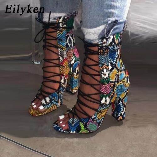Eilyken 2021 New Design Ankle Boots For Women Green Peep Toe Lace-Up Cross-tied heel Pumps Roman Women Bootas Sandals