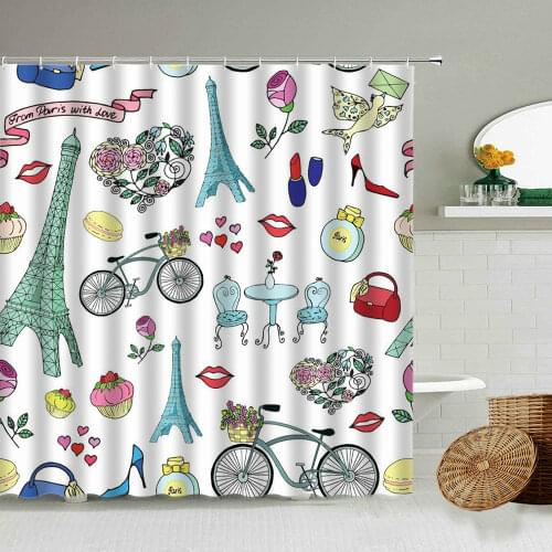 Cartoon Fun Bicycle Waterproof Shower Curtain Color Flower Tower Girl Child Bathroom With Hook Screen Washable Home Decoration